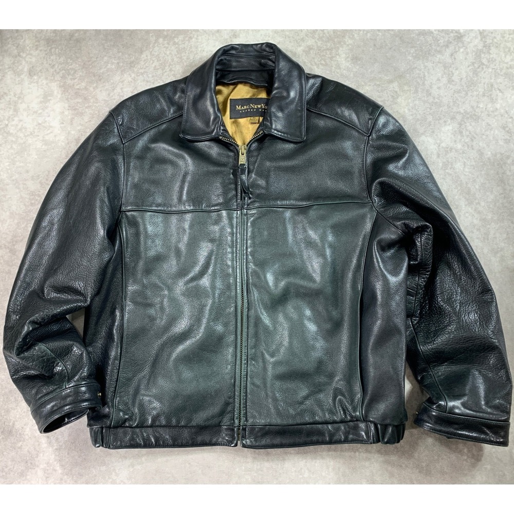 Marc‎ New York Andrew Marc Leather Bomber Jacket XL Gold Lining Full Zip Heavy